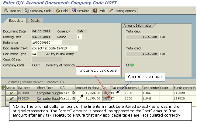 Tax Code Correction Example of Correcting Transaction