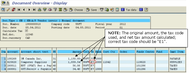 Tax Code Correction Example of Original Transaction