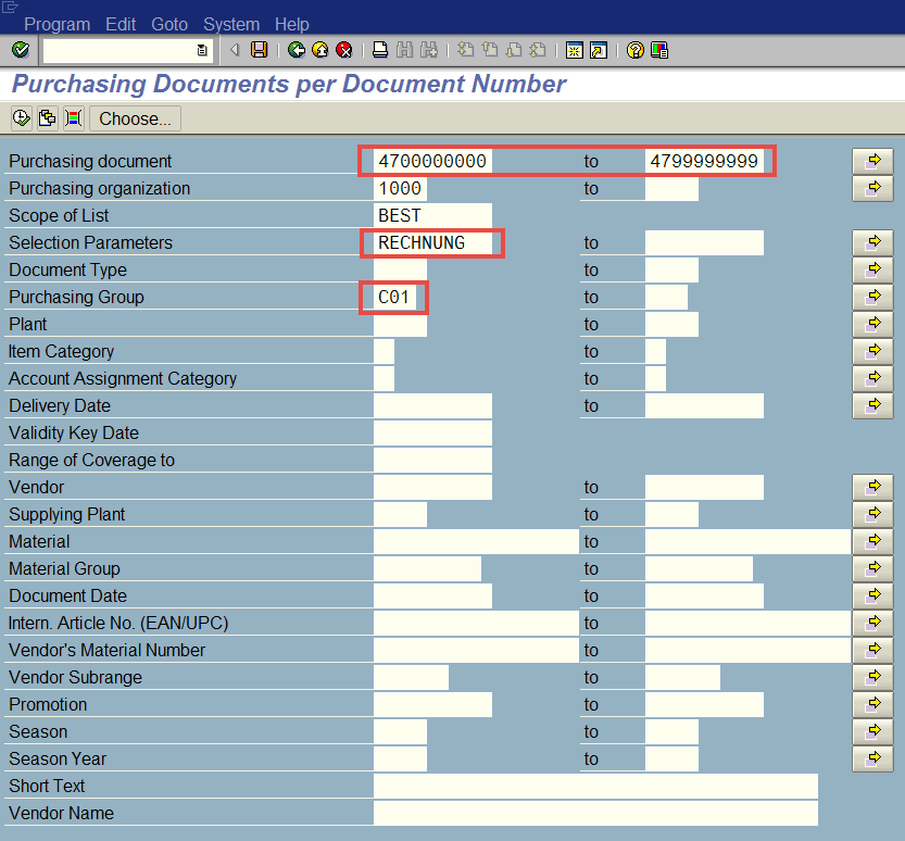 Image of M E 21 N - Purchasing Documents per Document Number Report Selection Criteria to Output Lease Orders